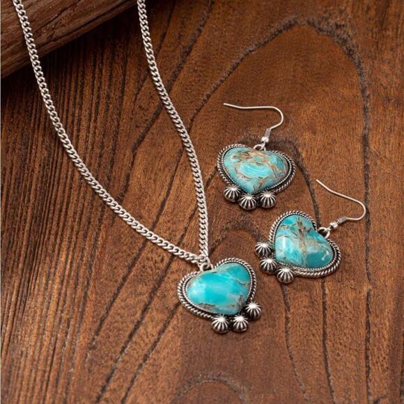 3 Pcs Fake Blue Turquoise Stone Decor heart Pendant Necklace Earring Jewelry Set - Picture 2 of 9